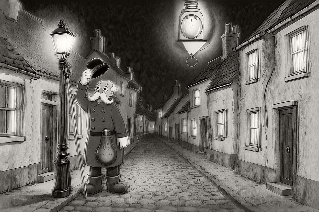 Back on the street, every window lit, he tips his hat to the new moon: his lantern. The old moon hangs dark on his belt.