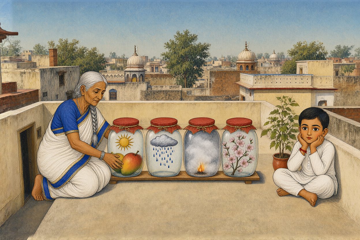 Every summer, Dadi sets her jars out in the sun on the terrace. Kabir watches.