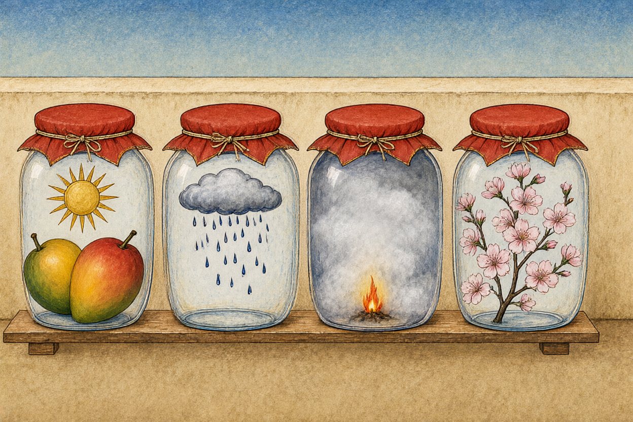 Not pickles — seasons. Summer and mangoes, the monsoon, winter fog and fire, spring.