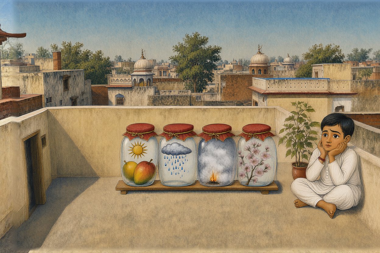 Kabir looks at the rain jar. Just looks.