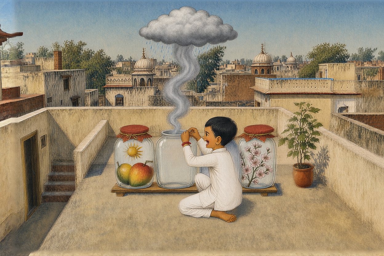 The monsoon climbs out of the jar.