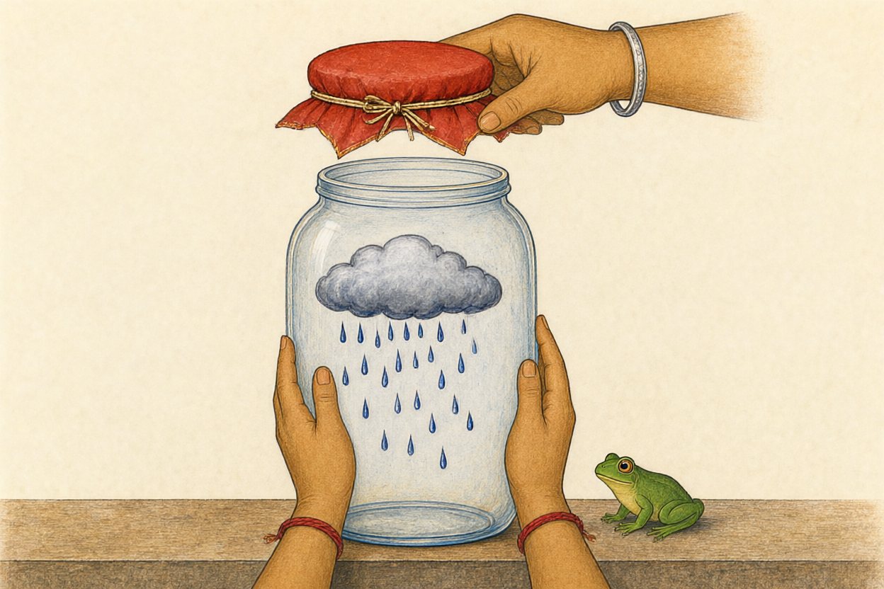 Back into the jar it goes, and Dadi ties the lid on. A frog watches.