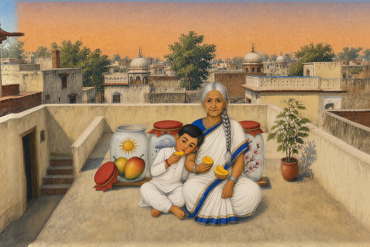 Evening. Dadi opens the summer jar, and the mangoes are very sweet.