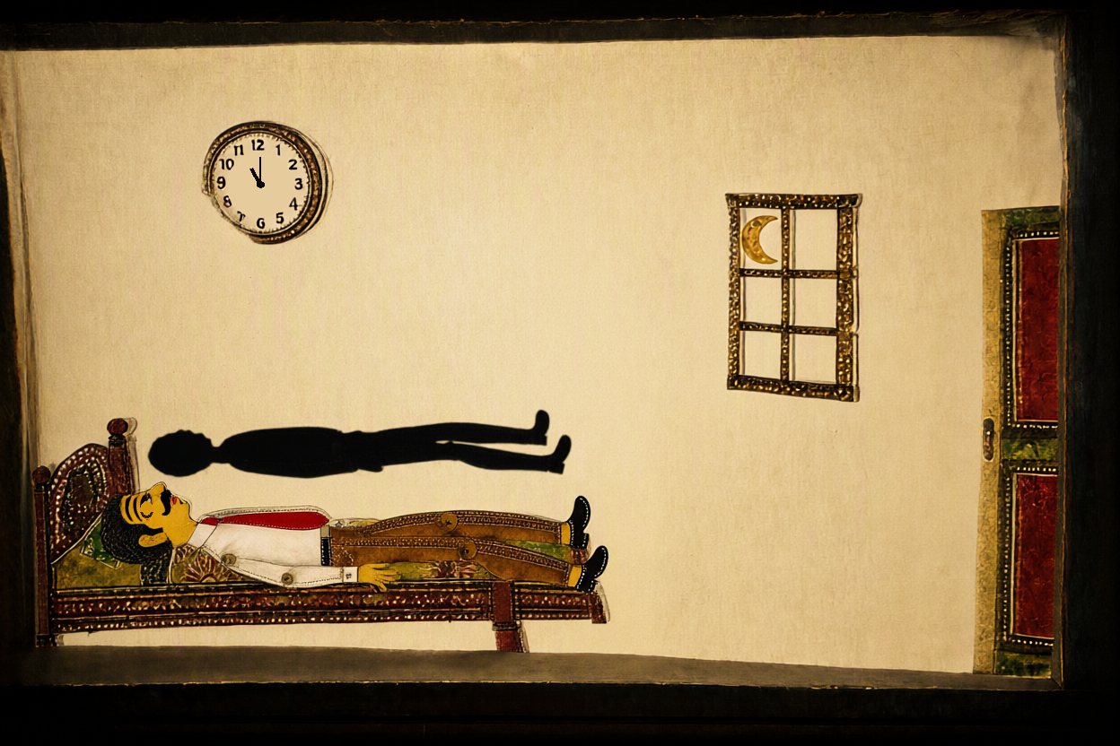 Eleven at night. Ravi's shadow sleeps on the wall above him, exactly as he does.