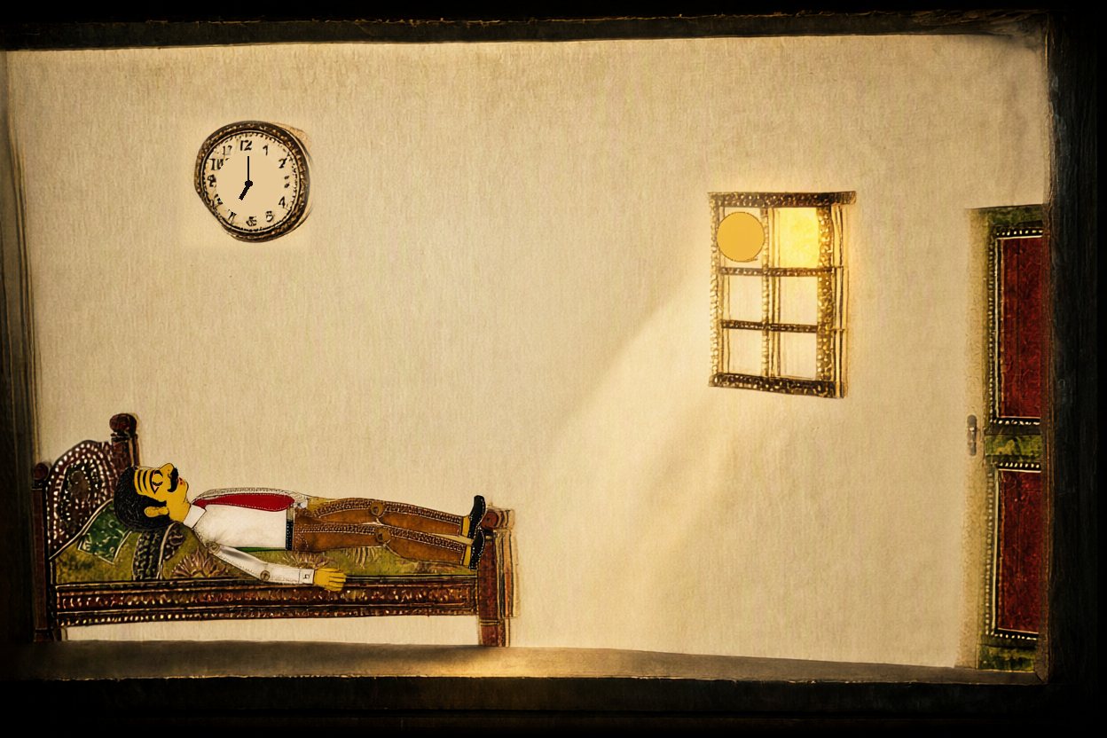 Seven o'clock. Morning. Ravi sleeps on. The wall above him is bare.