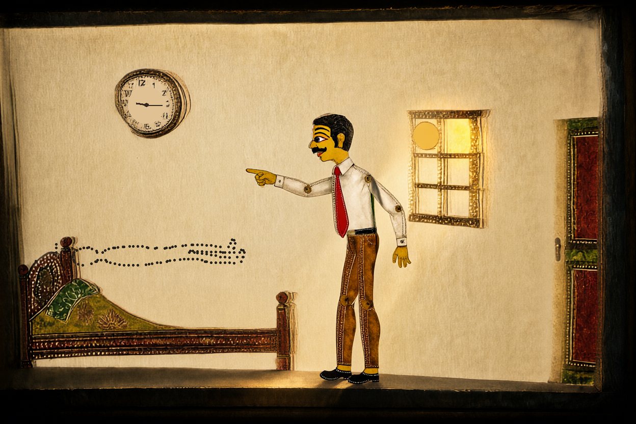 Quarter past nine. Ravi is out of bed, pointing at the empty place on the wall where his shadow sleeps.