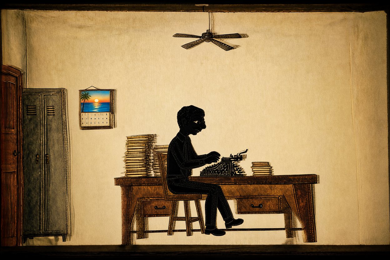 At the office, the shadow sits at Ravi's desk and types.
