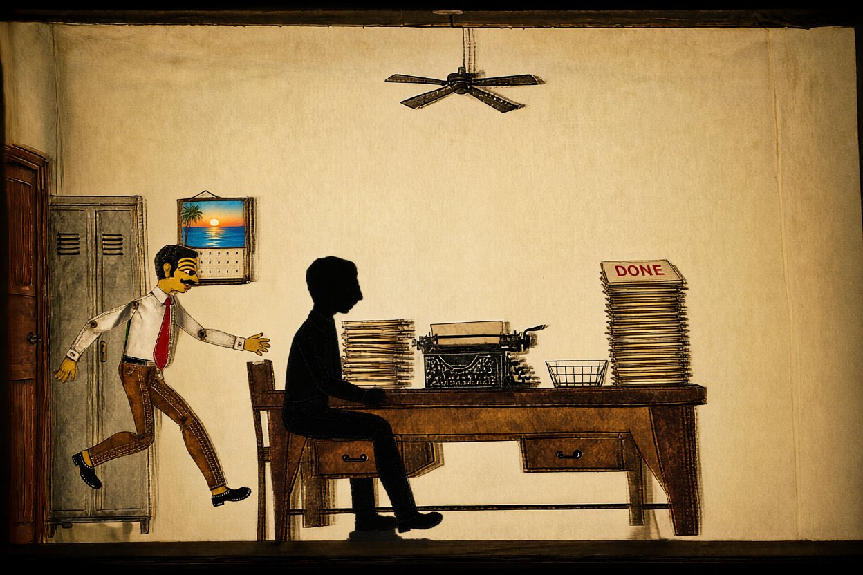 He bursts into the office. His shadow is at his desk, and the pile is stamped DONE.