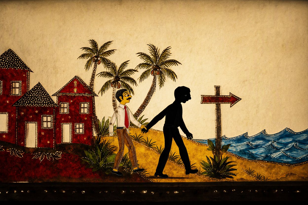 Hand in hand, they walk out of town toward the sea.