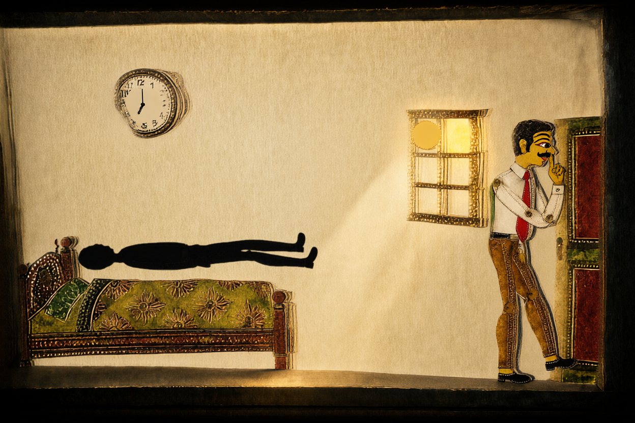 Next morning at seven, Ravi leaves for work on time. His shadow is home, asleep on the wall. He lets it sleep in.