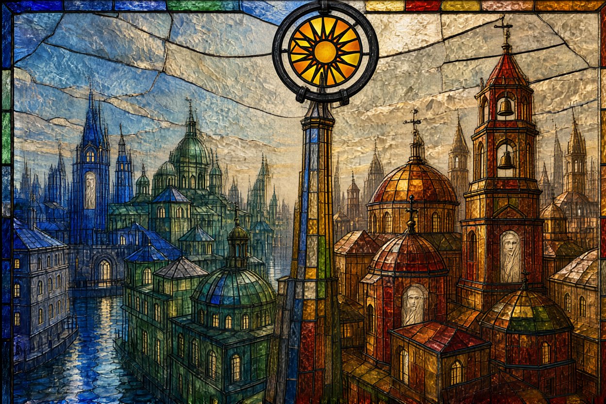 A city made entirely of glass. On its tallest tower, the sun sits in a round iron hoop.