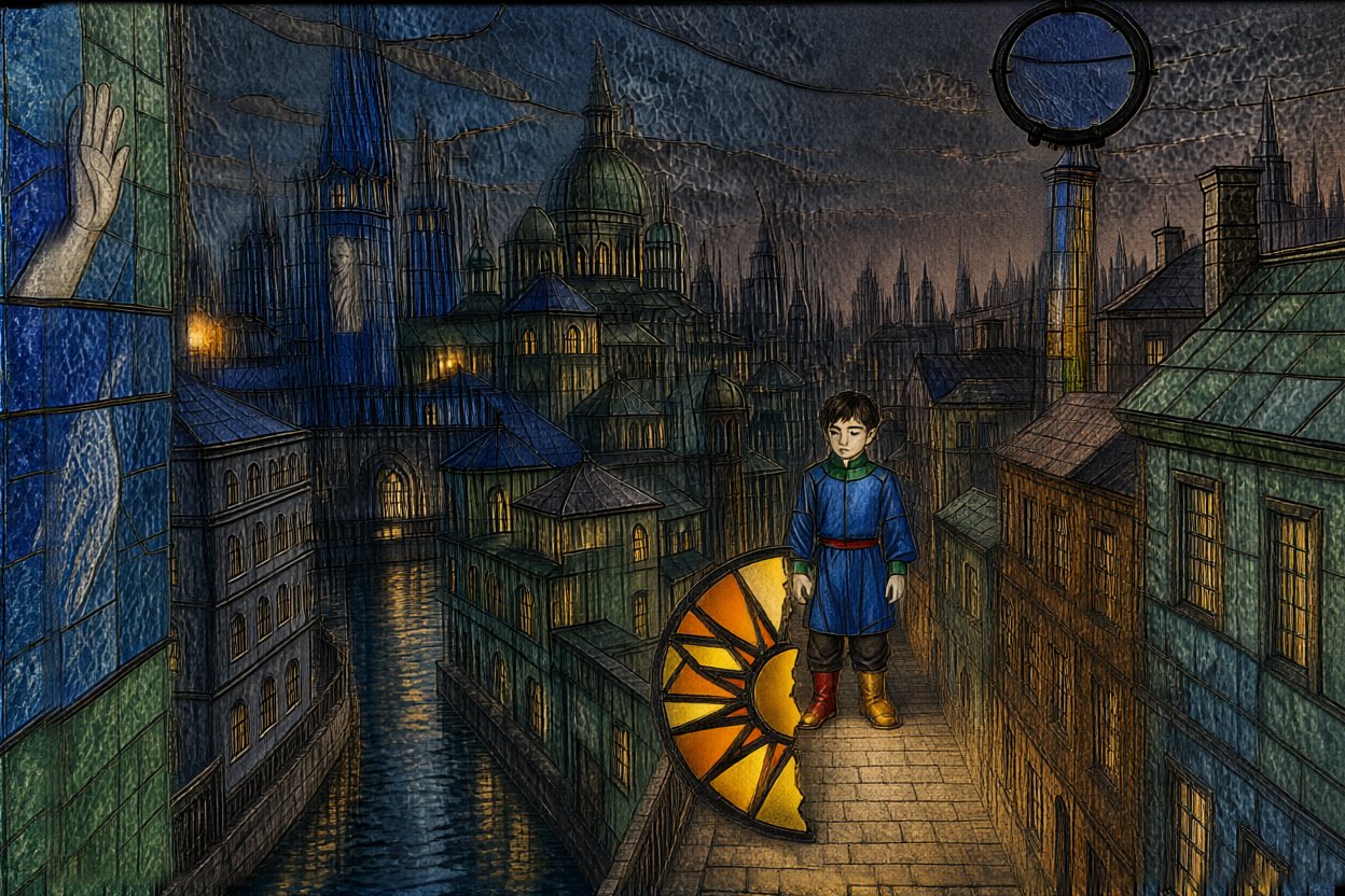 In the blue west quarter, a boy finds one half glowing on the path.