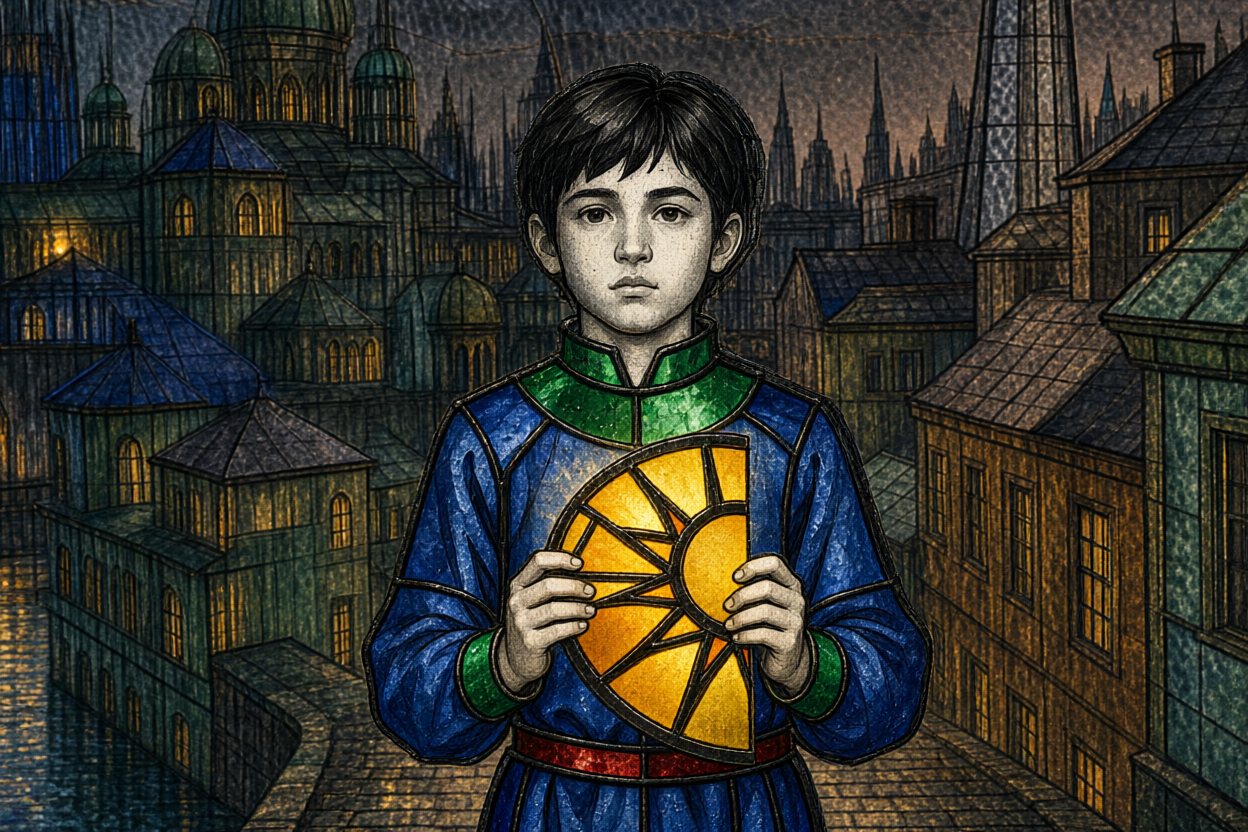 He holds it against his chest: half a sun.