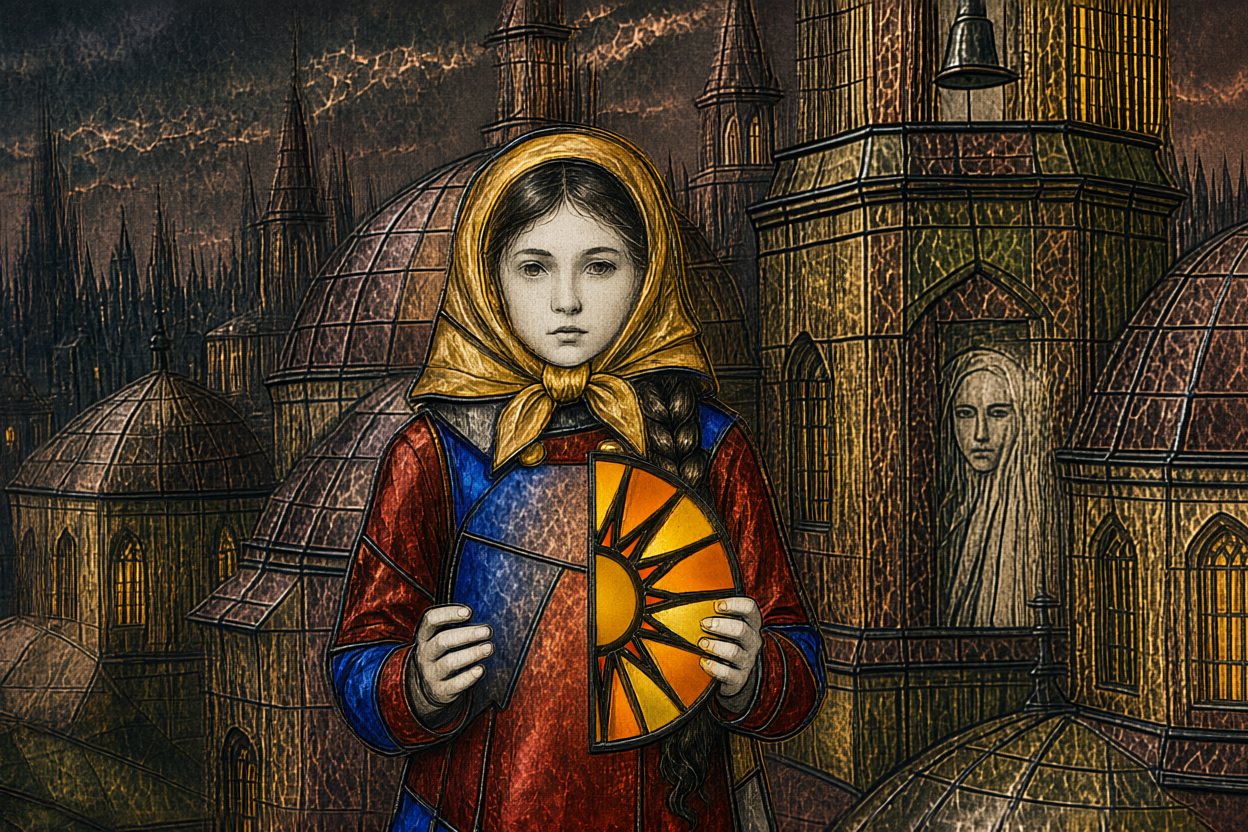 She holds it: half a sun, broken on the other side.