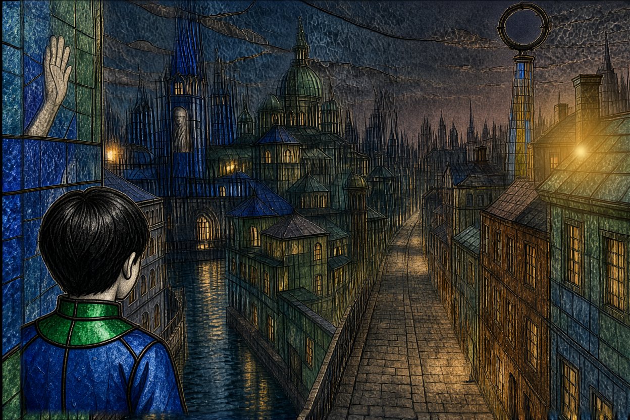 Past the tower, a small gold glow: the same gold as the half in his hands.