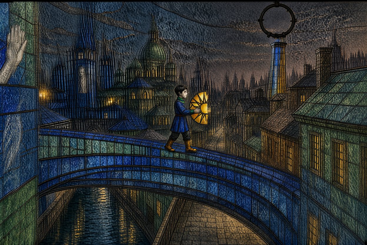 He crosses the canal bridge toward the tower.
