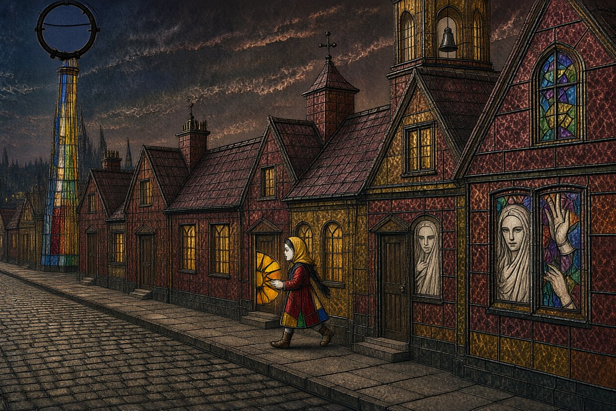 She hurries down the lane toward the tower.