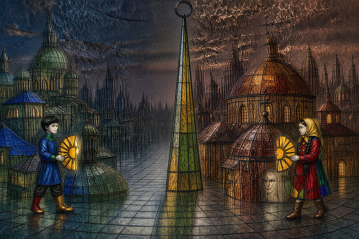 In the square under the spire and its empty hoop, they come toward each other.
