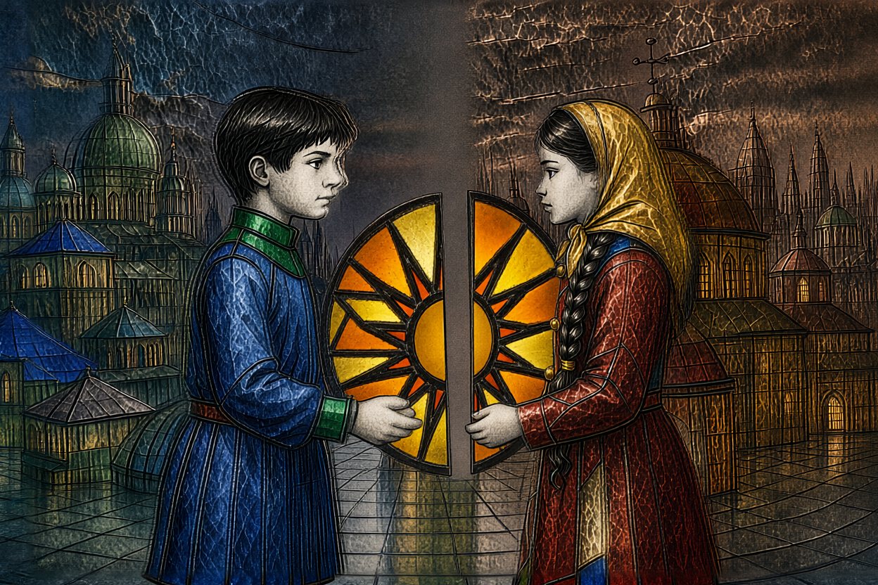 Face to face in the square, they hold out the two halves.