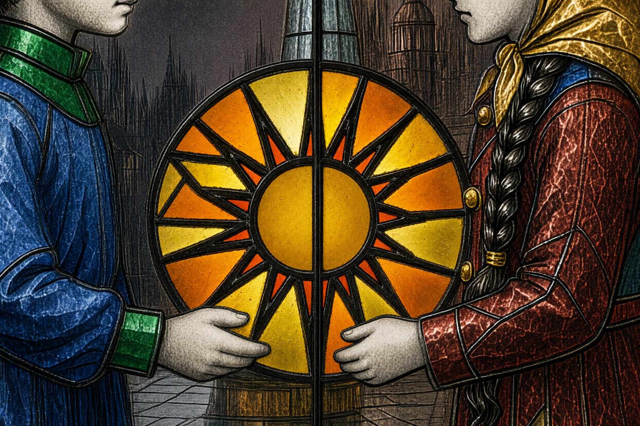 They press the halves together: one sun, with a lead seam down the middle.