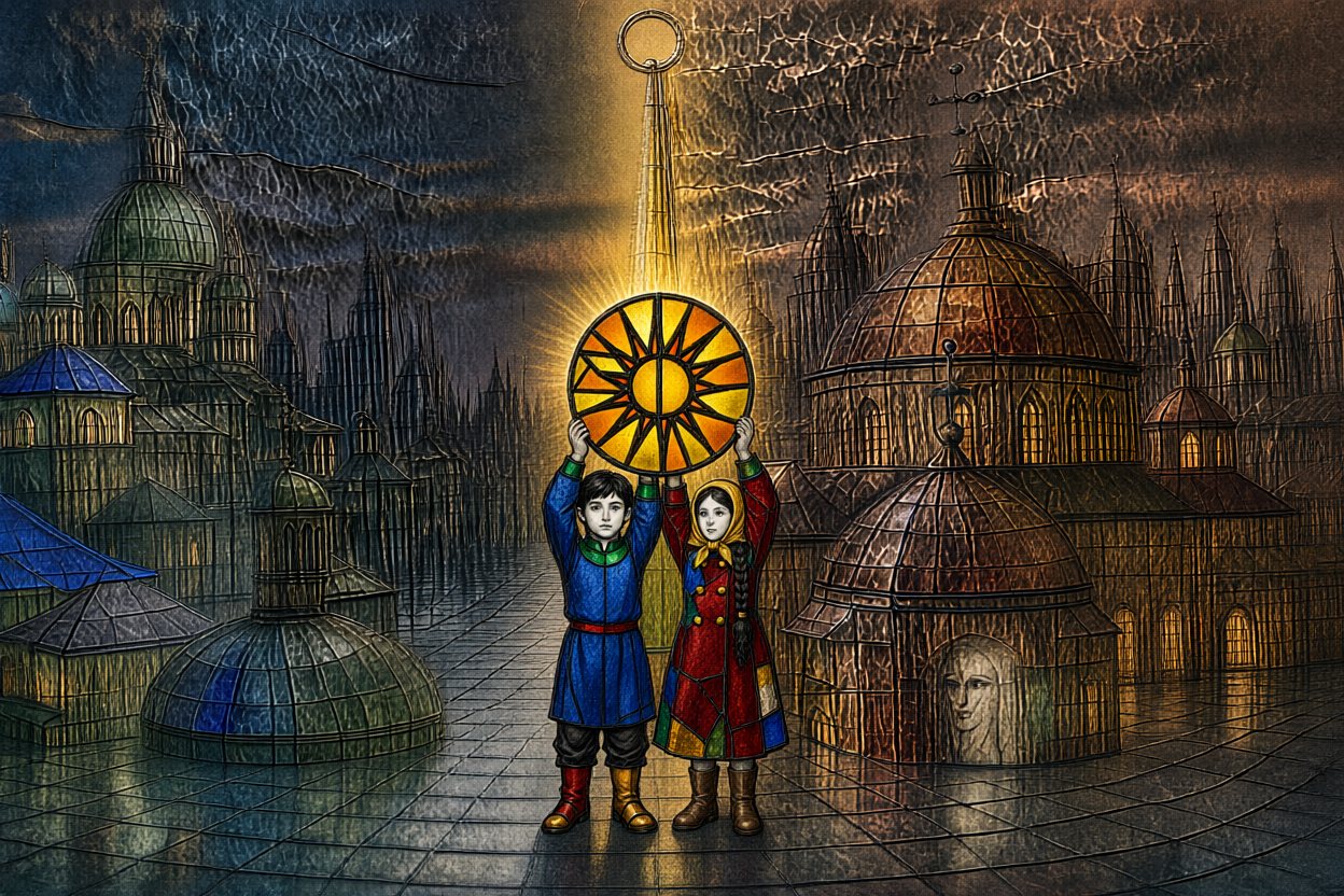 Together they lift the whole sun above their heads, and its light runs up the spire.