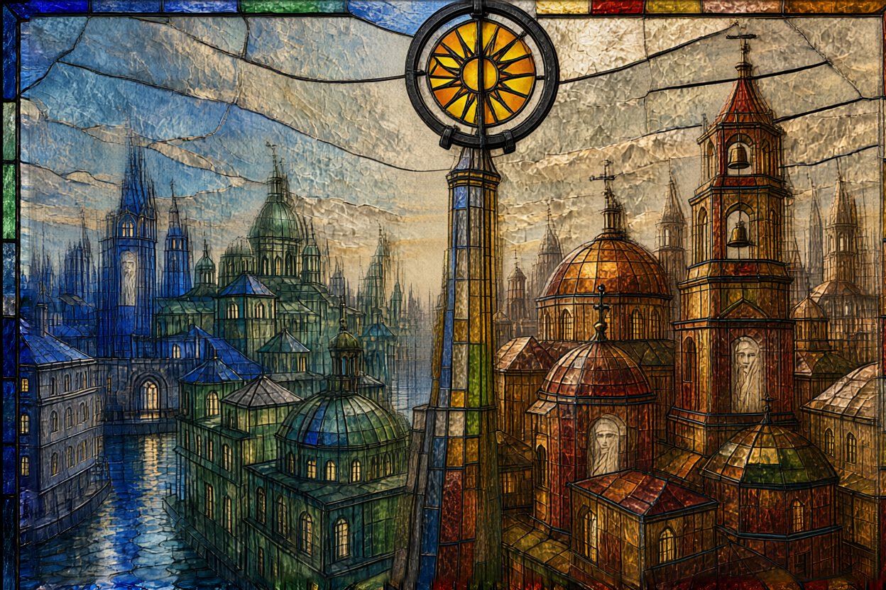 The sun is back in its hoop, lighting the city, with a seam down its middle.