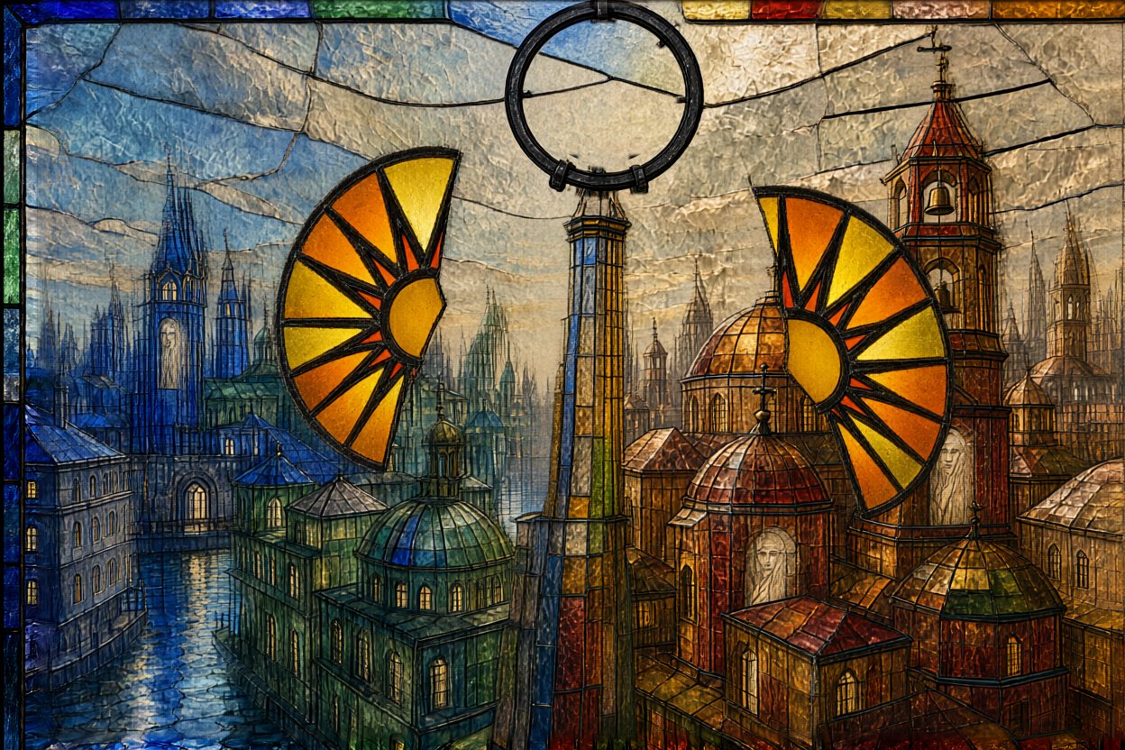 The halves fall out of the empty hoop: one west, one east.