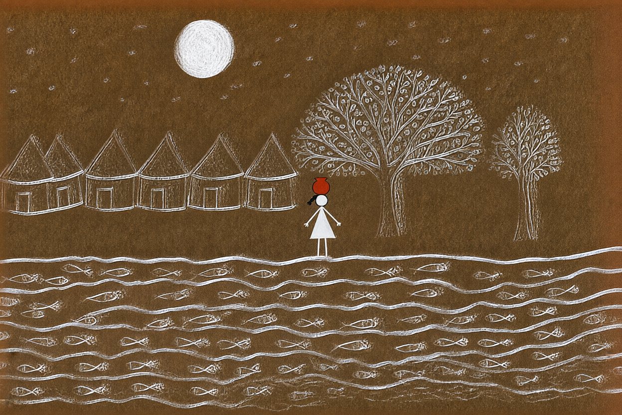 Night. Sai's village sleeps beside its river. Sai can't sleep.