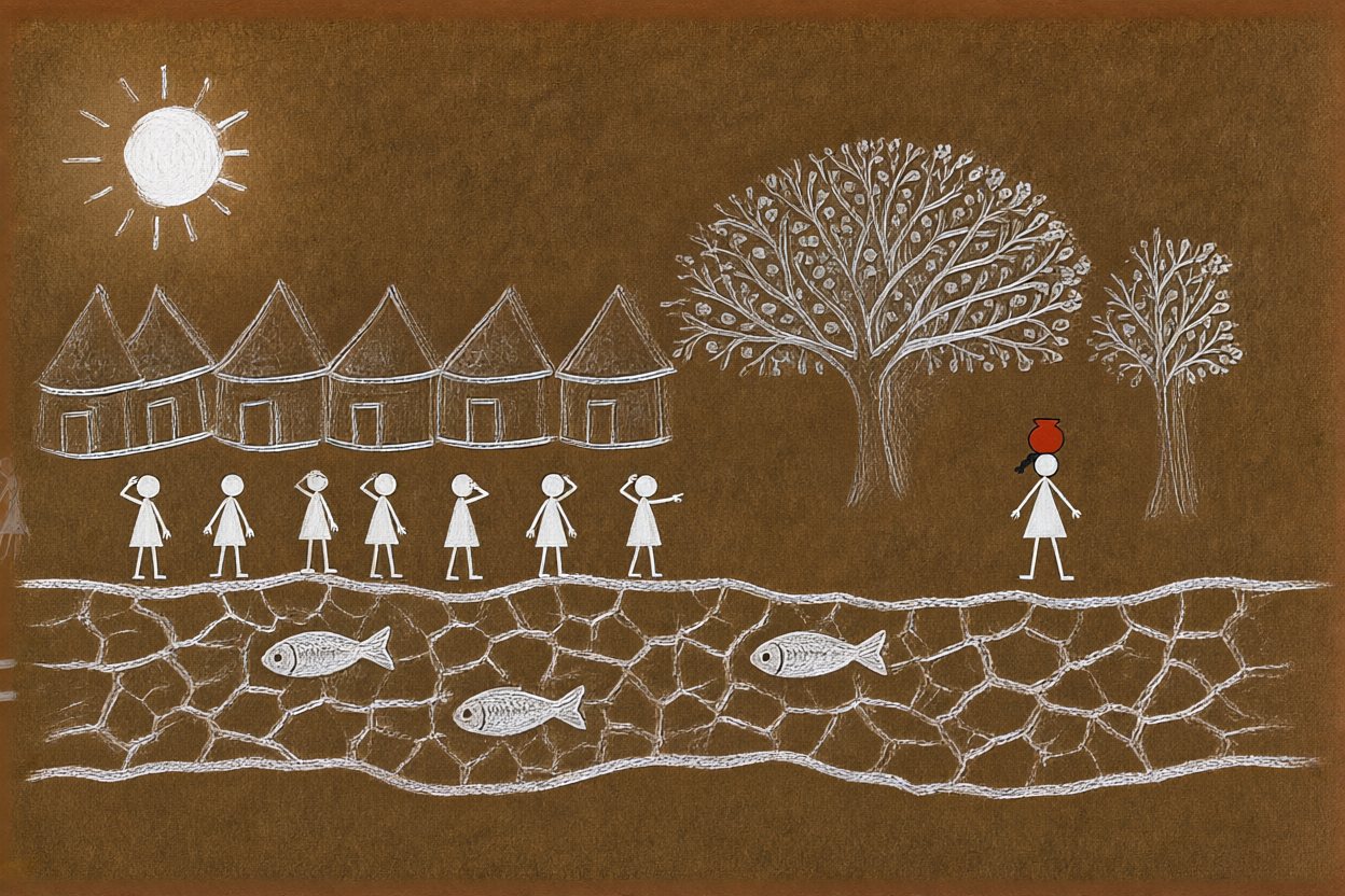 Morning. The village stares at the dry riverbed. Sai sets out after it.