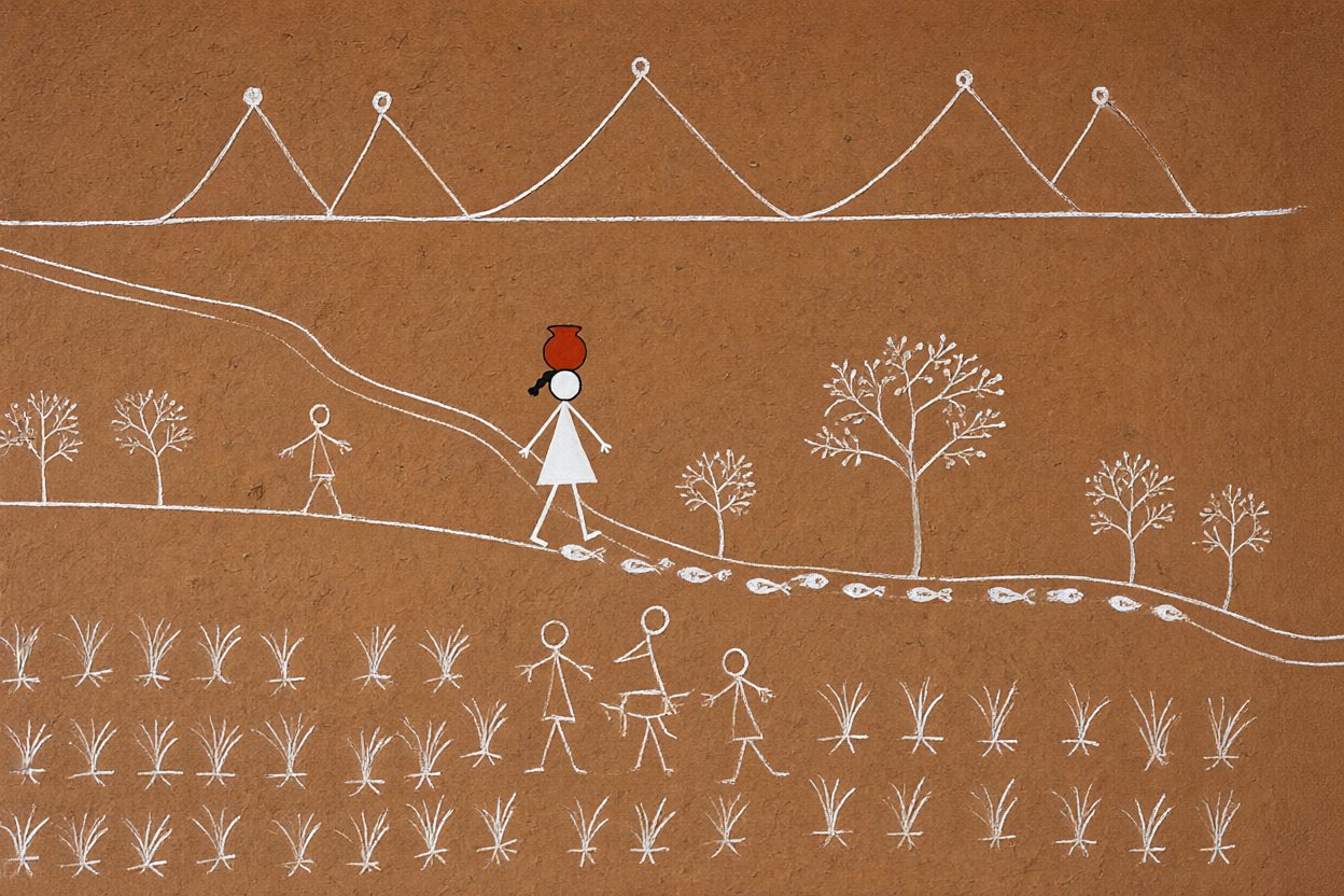 She follows its trail of fish and wet footprints across the fields.