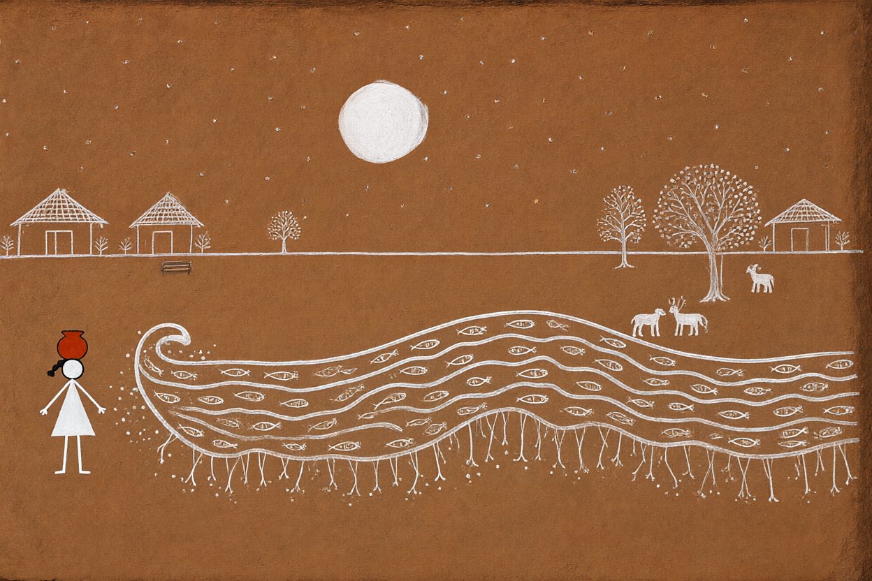 Far out in the fields, under the full moon, the river is dancing.