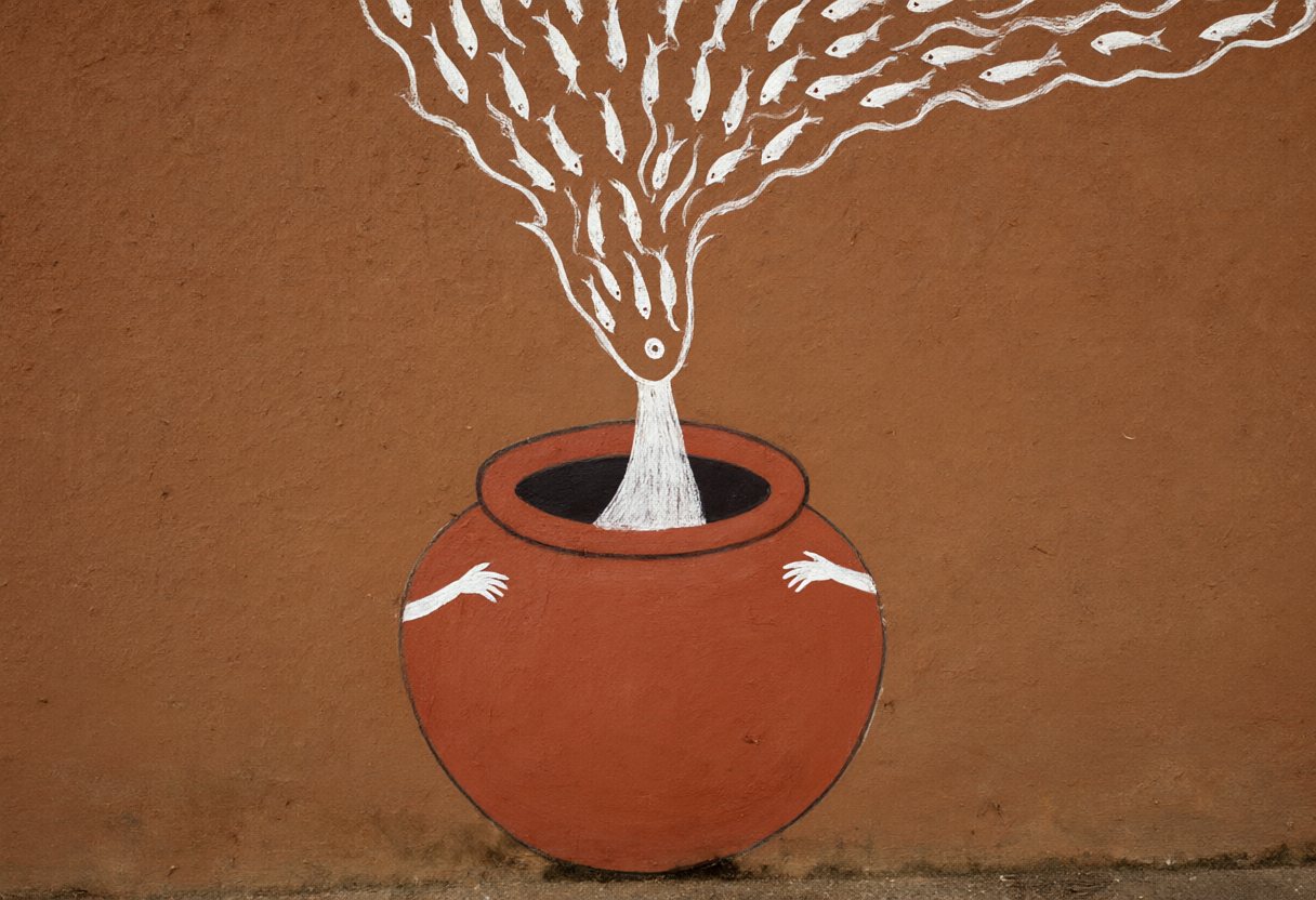 At dawn, tired at last, the river pours itself into her pot.