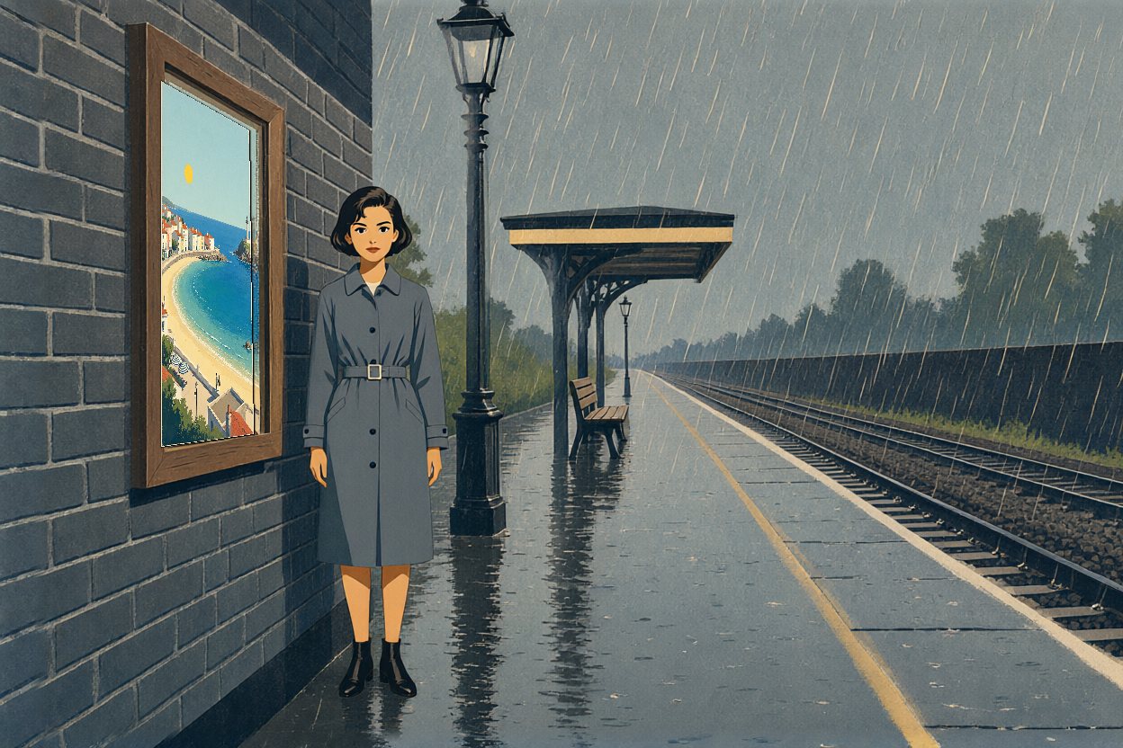 A rainy platform. A woman waits beside a travel poster of a sunny bay.