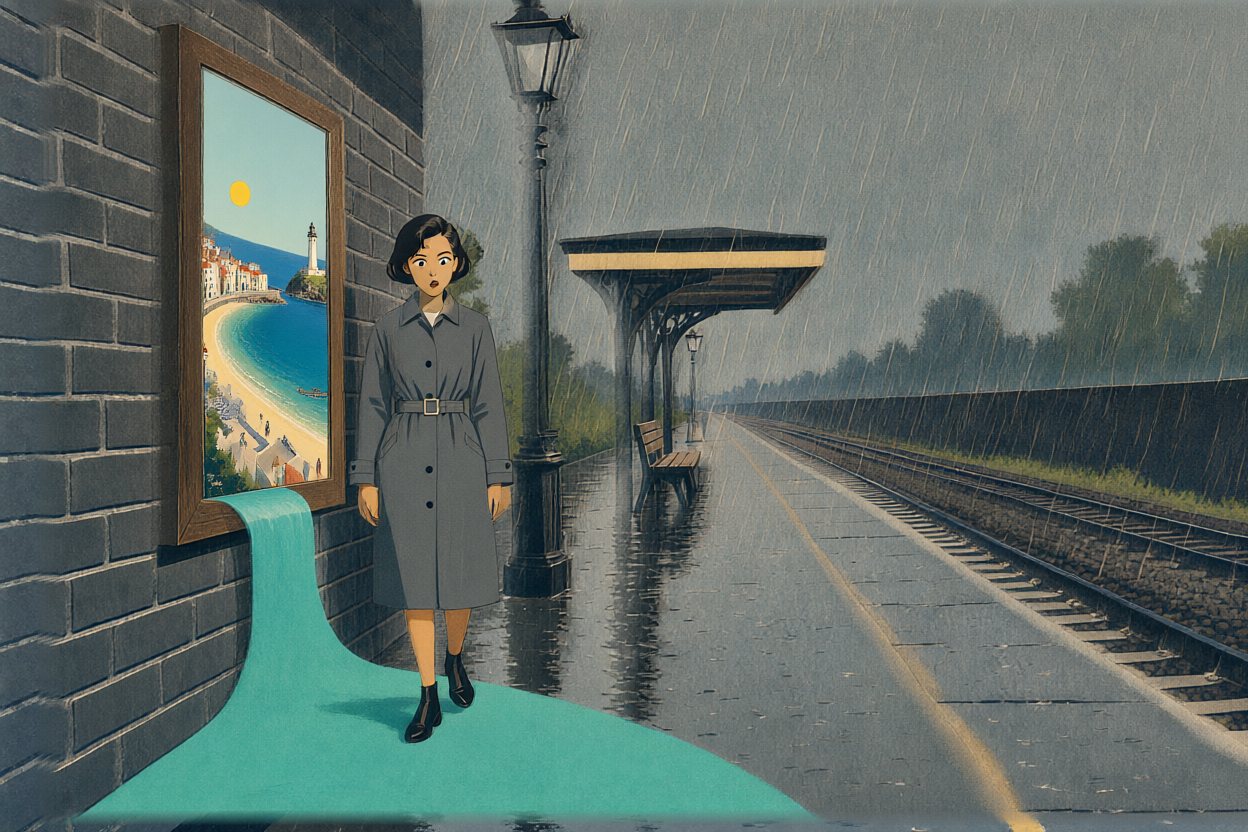 Its sea spills over the frame, down the wall and across the platform.