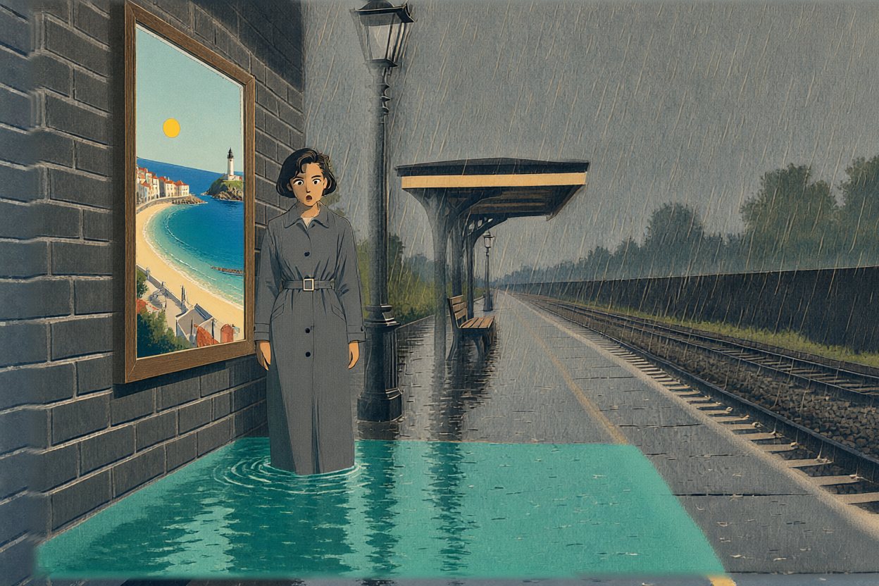She steps into the pool. It is deeper than it looks.