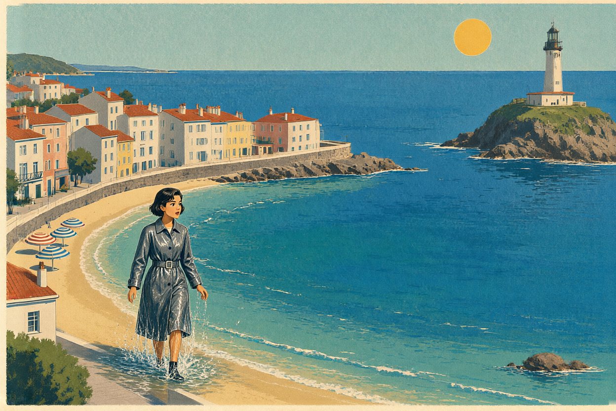 She wades out of the poster's sea onto its beach, soaking wet: the only grey thing in the picture.