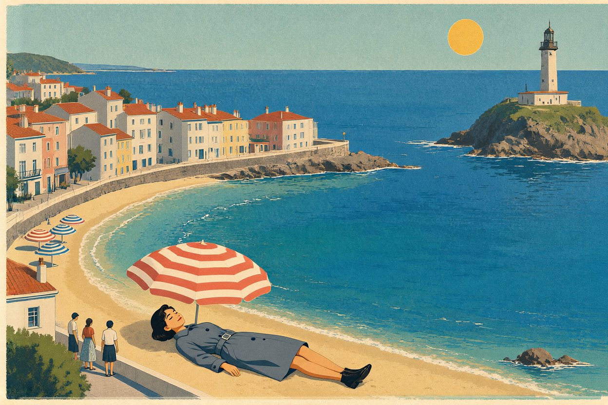 She falls asleep in the sun under a striped umbrella.