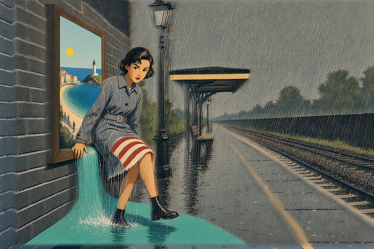 She hauls herself out onto the platform, dripping, her coat striped to the knee.