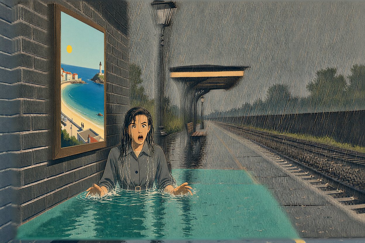 She surfaces in the pool on the platform, gasping.