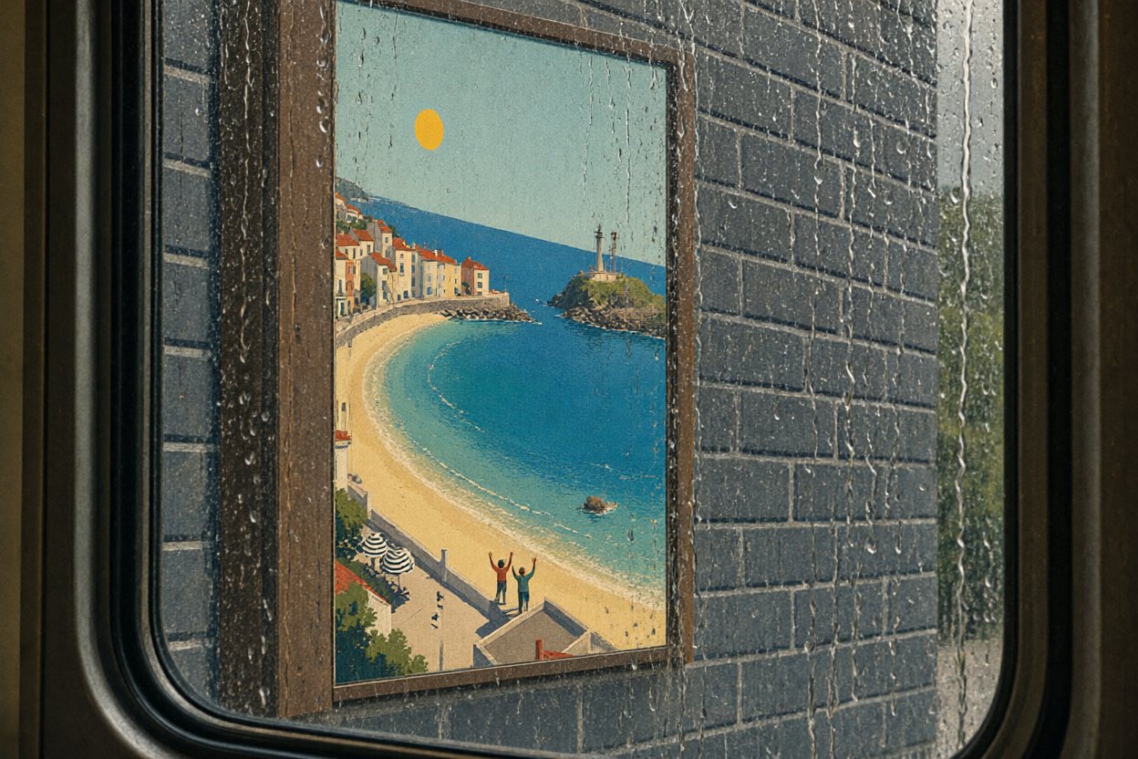 From the train window: the figures in the poster wave to her.