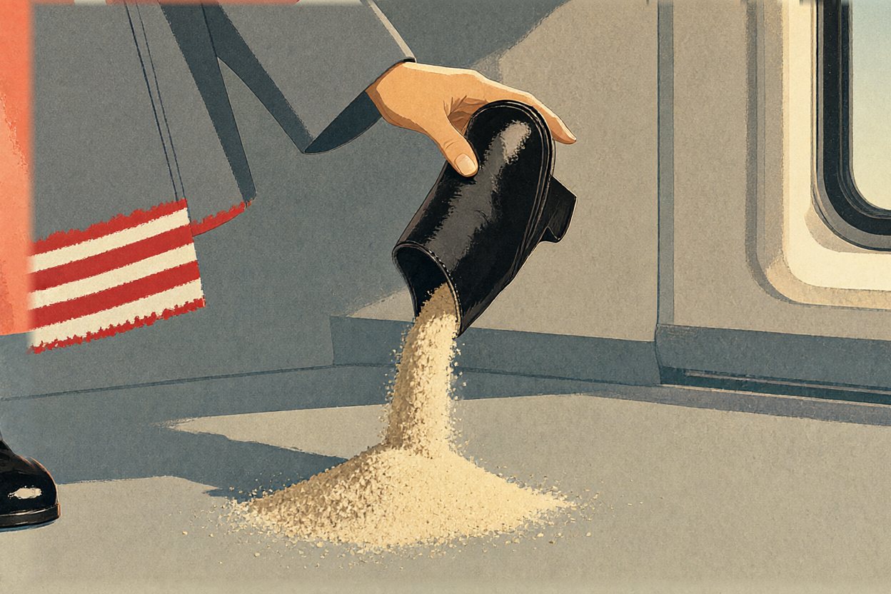 Sand pours from her boot onto the carriage floor. Her coat is still striped at the hem.