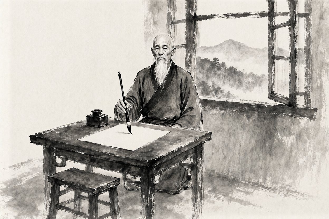 An old calligrapher kneels at his table, brush ready above a clean sheet.