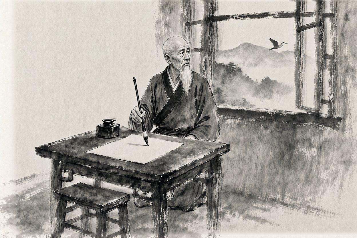 The heron flies out over the hills. He turns to watch it go.