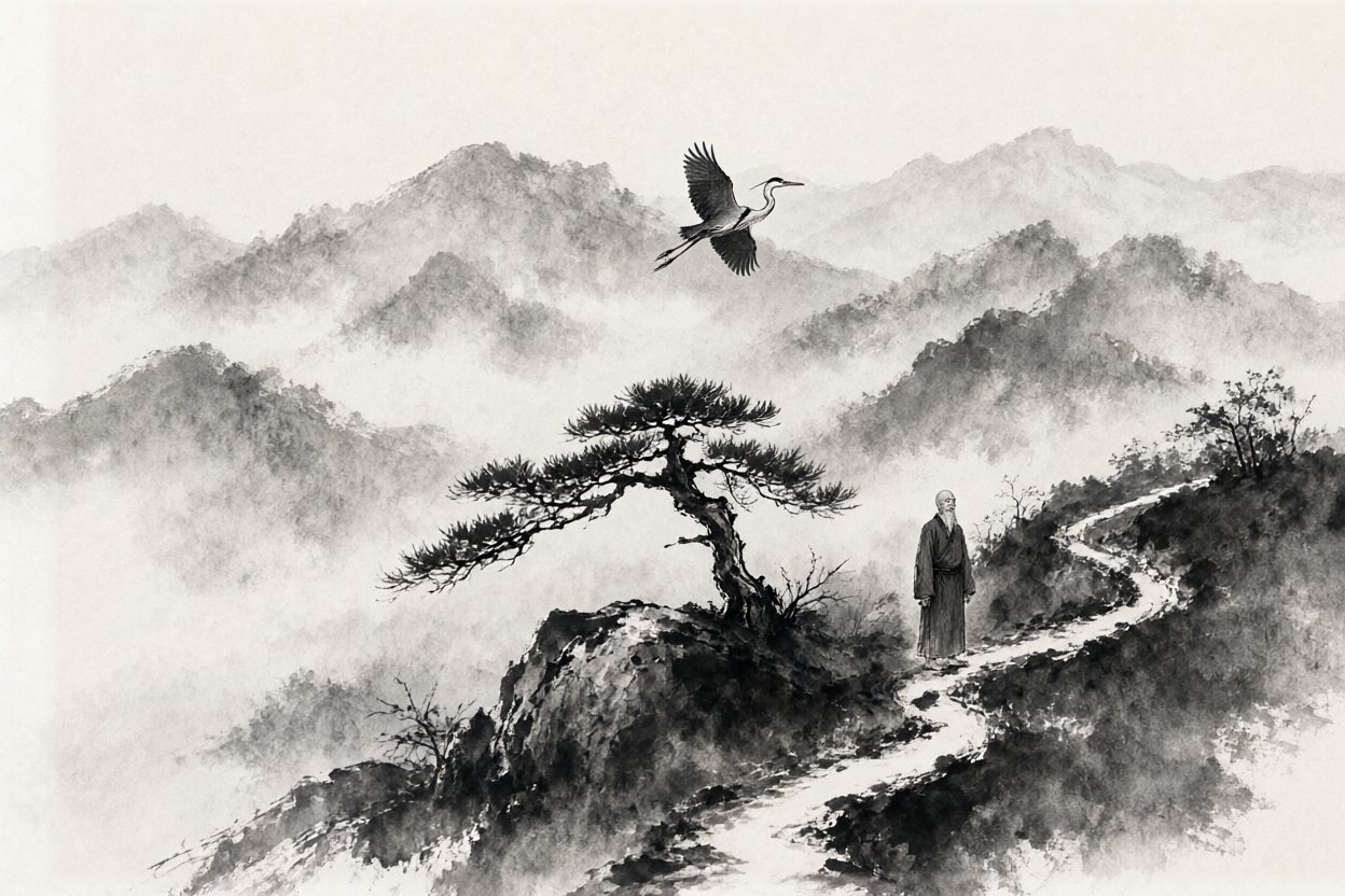He walks into the ink hills; the heron flies on ahead.