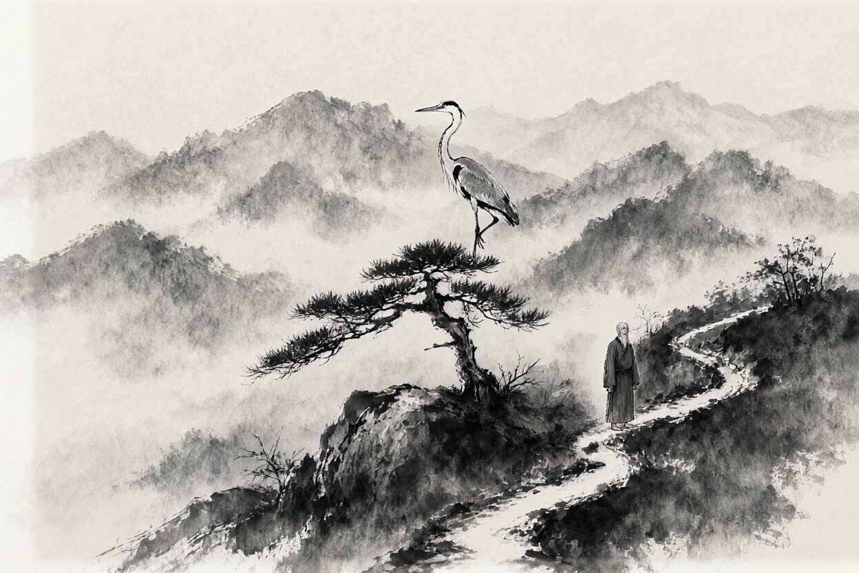 The heron lands on a pine. He stops on the path below it.