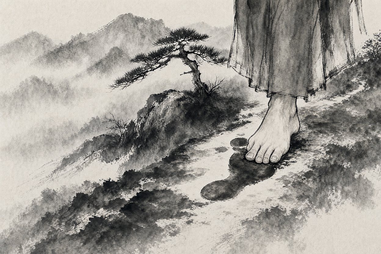 Where he steps, the path is wet ink under his bare feet.