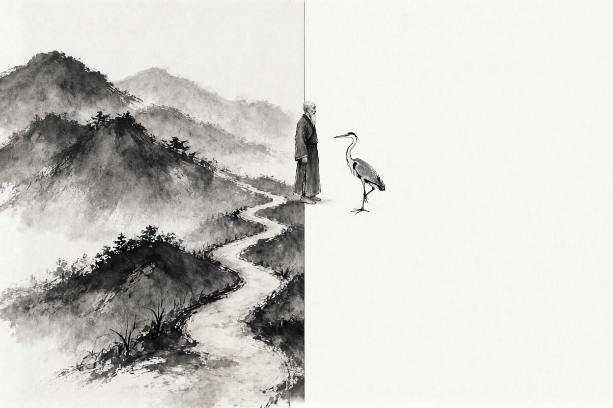 The painting stops at a hard edge: beyond it, blank paper. The heron waits there.