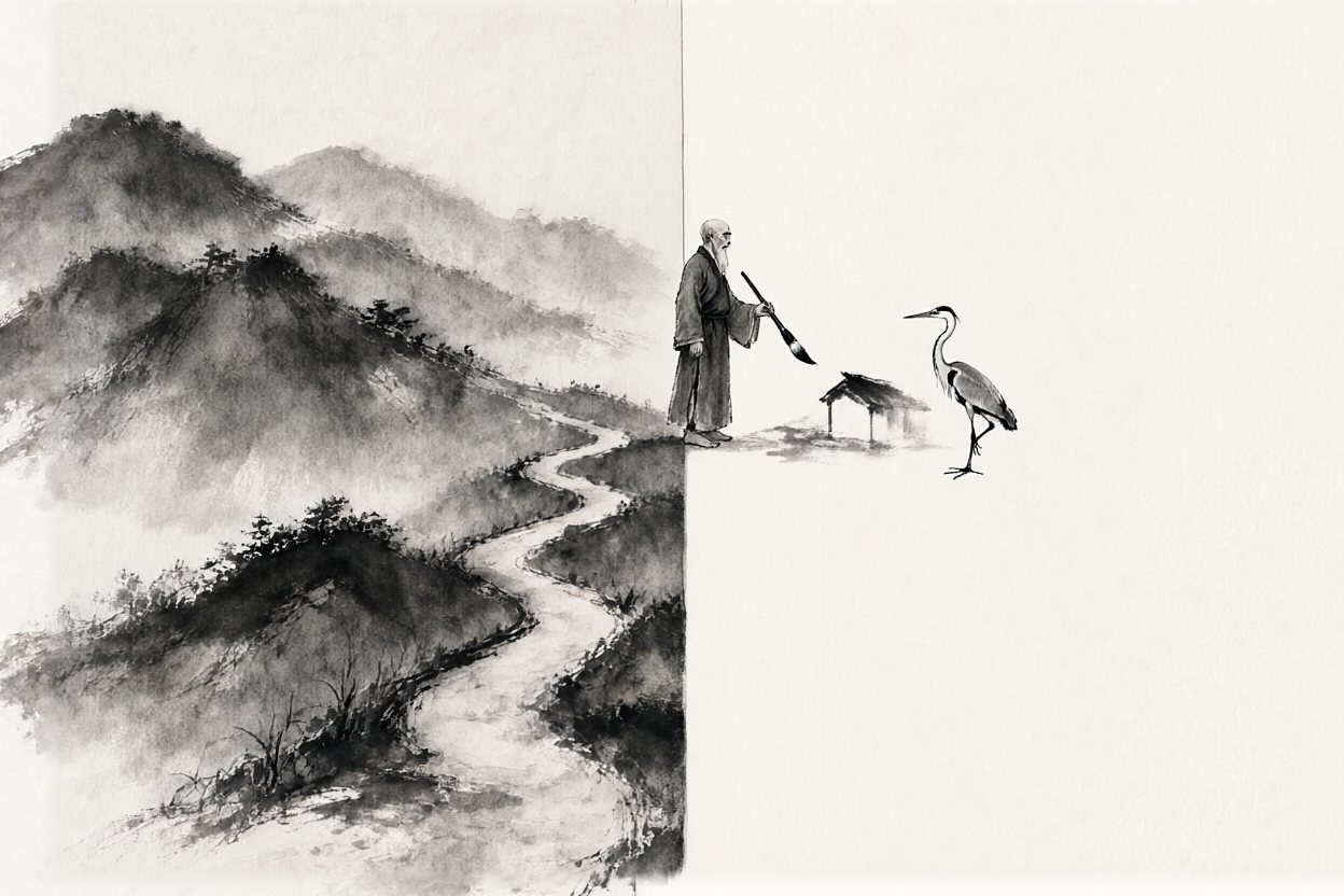 He reaches over the edge and paints a house on the blank paper.