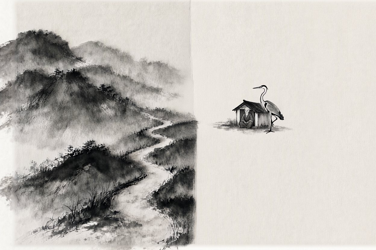 He sits in the doorway of the house he painted, the heron beside him.