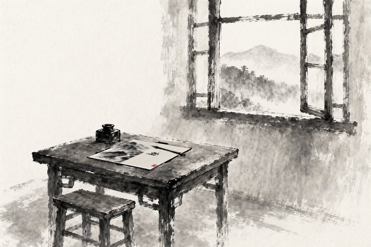 Back in the studio, nobody is at the table. On the desk lies the finished painting.